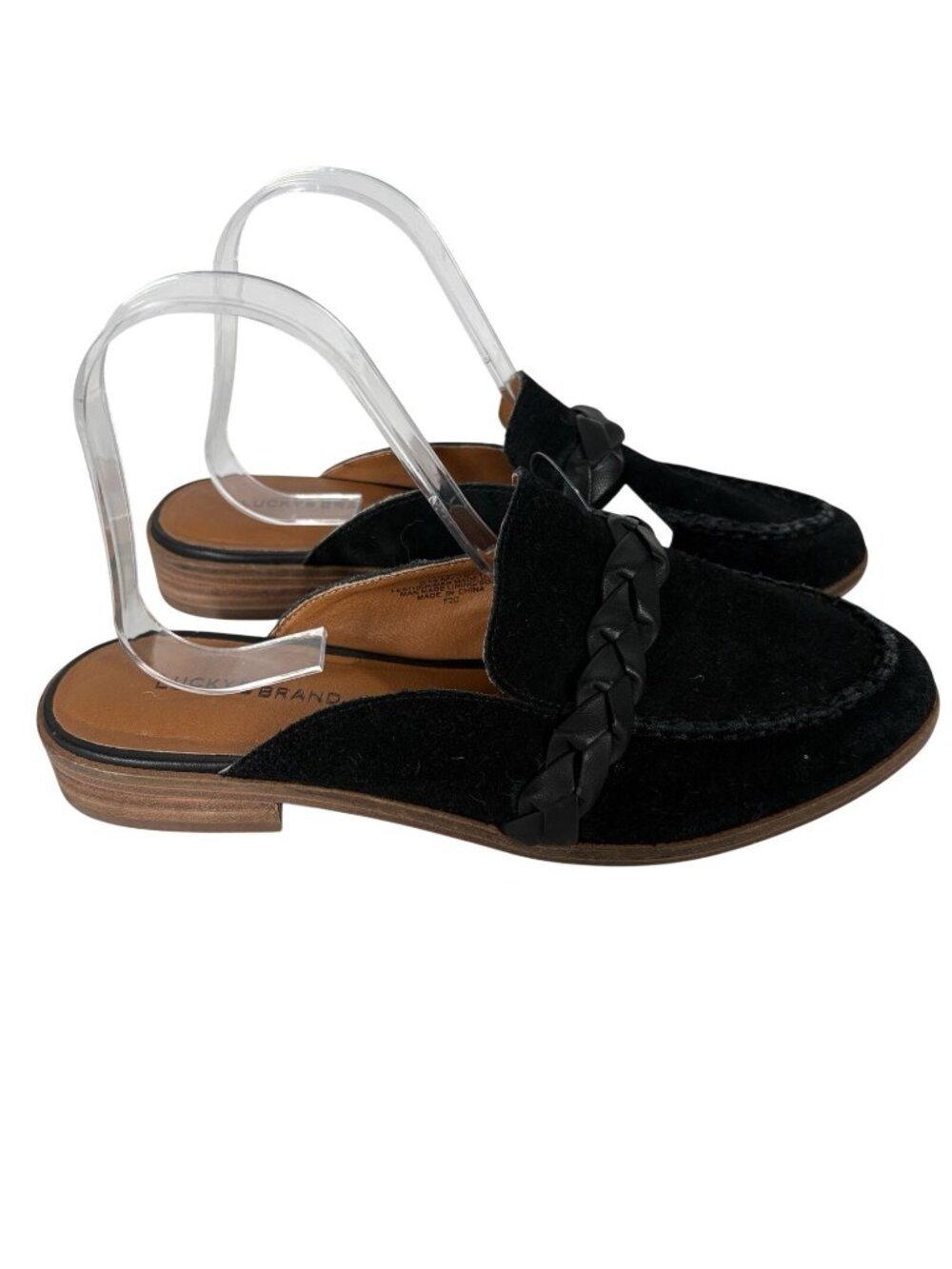 Lucky Brand Women Size 8.5M Black Suede Braided Panlin 2 Slip On Loafer Mules